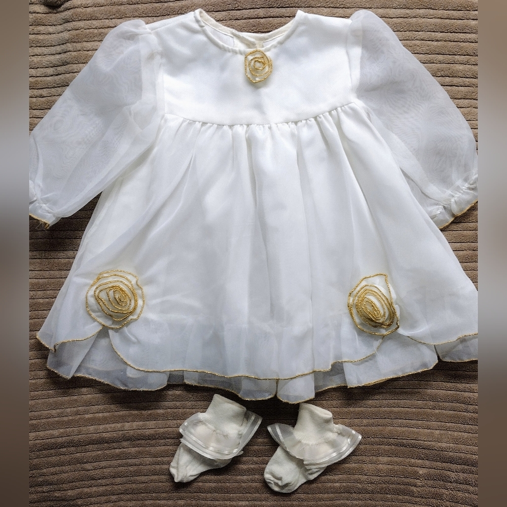 VTG Memories By Jo Lene Boutique Baby Dress Ivory/Gold Sheer W/Socks Sz 18 Mo.